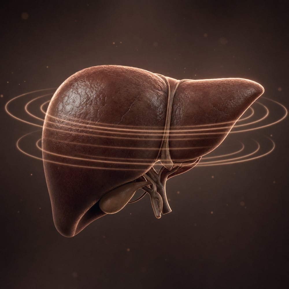 Ilustração de um fígado atravessado por ondas de elastografia, que medem a rigidez do tecido hepático